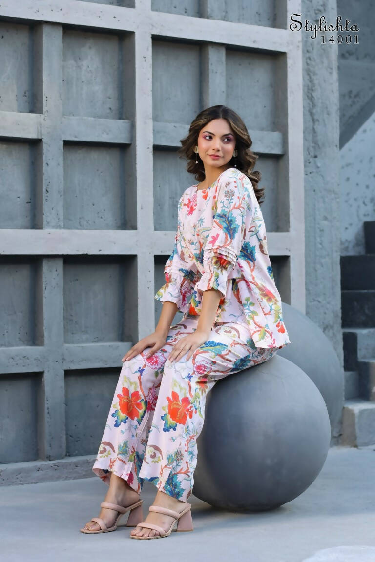 Women's Partywear Designer White & Multi Muslin co-ord set - Stylishta