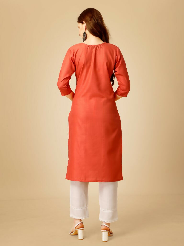 Jyoti Fashion Women's Coral Cotton Blend Embroidered Kurta Pant Set