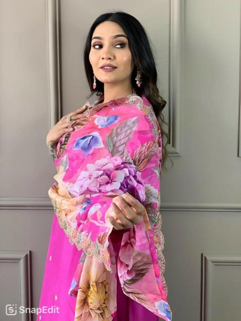 Partywear Designer Viscose Chanderi Pink Stitched Suit With Dupatta - Tanisha