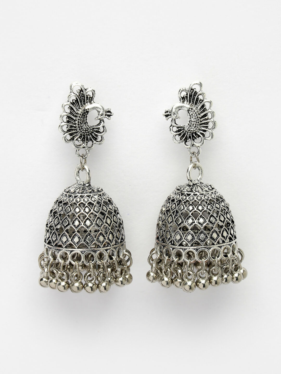 NVR Women's Silver-Toned Peacock Design German Silver Oxidised Dome Shaped Jhumka Earrings