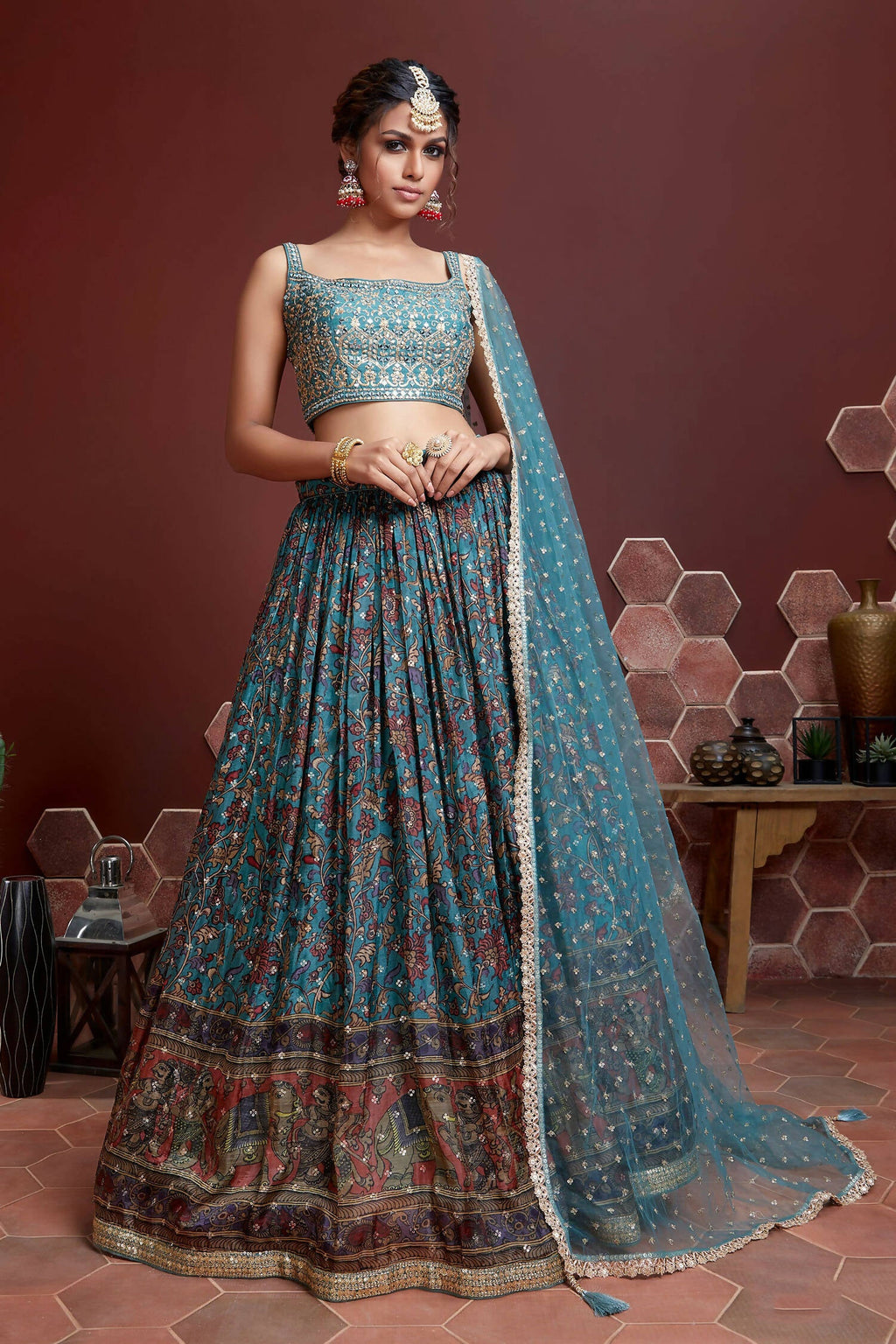 Wedding Designer Sky Chinon Silk Lehenga Choli - Anbazaar