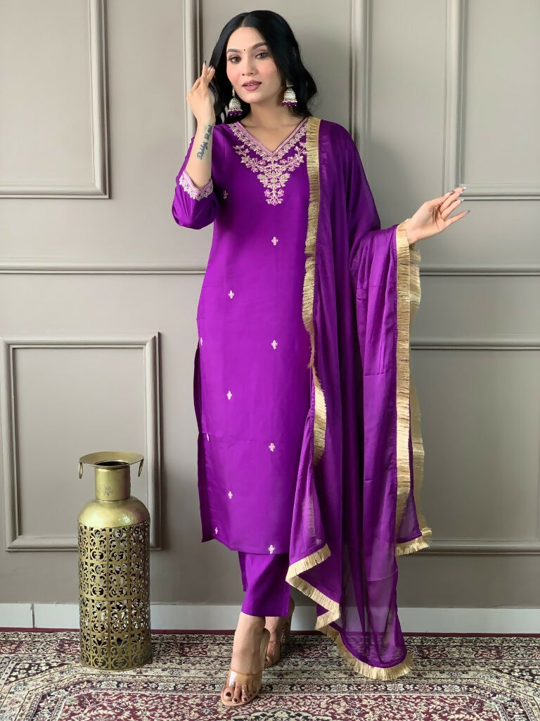 Partywear Designer Viscose Chanderi Wine Stitched Suit With Dupatta - Tanisha