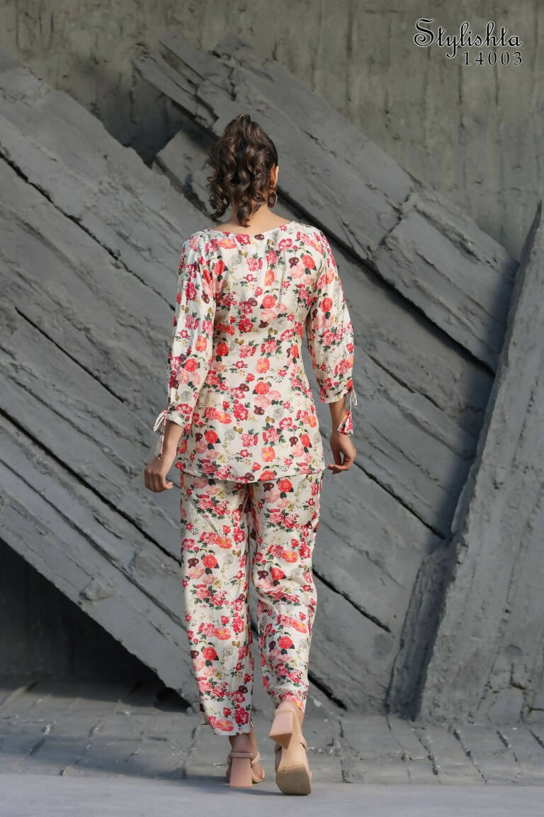 Women's Partywear Designer White & Multi Muslin co-ord set - Stylishta