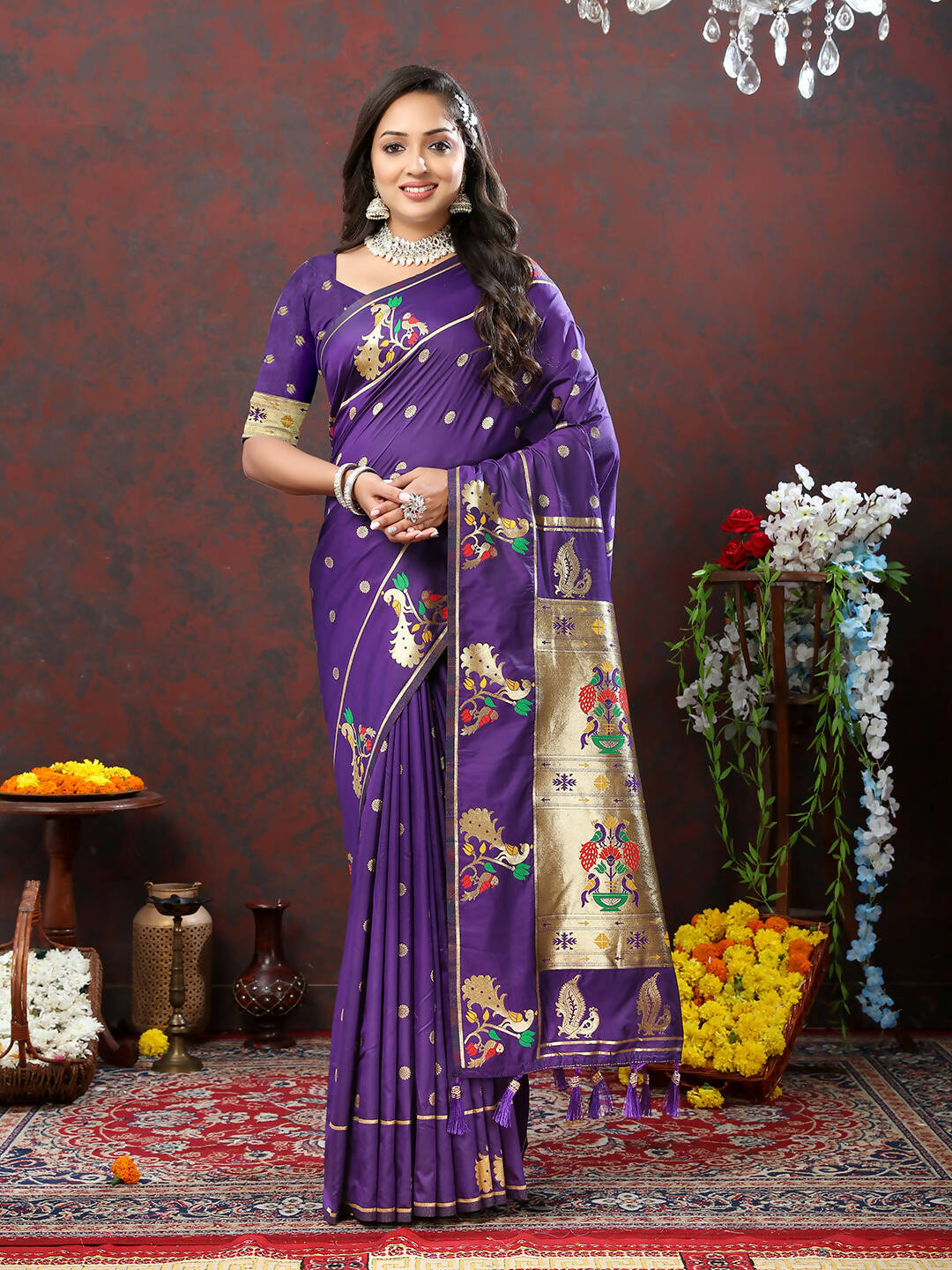Lorenvalley Fashion Purple Soft Paithani Silk Woven Design Gold Zari Meenakari Weaving Saree