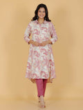 Aramya Pink Linen Cotton Foliage Print High Low Kurta Set for Women