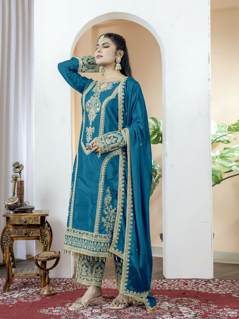 Teeya Creation Morepich Color Chinnon Silk Embroidery Work Fully Stitched Salwar Suit
