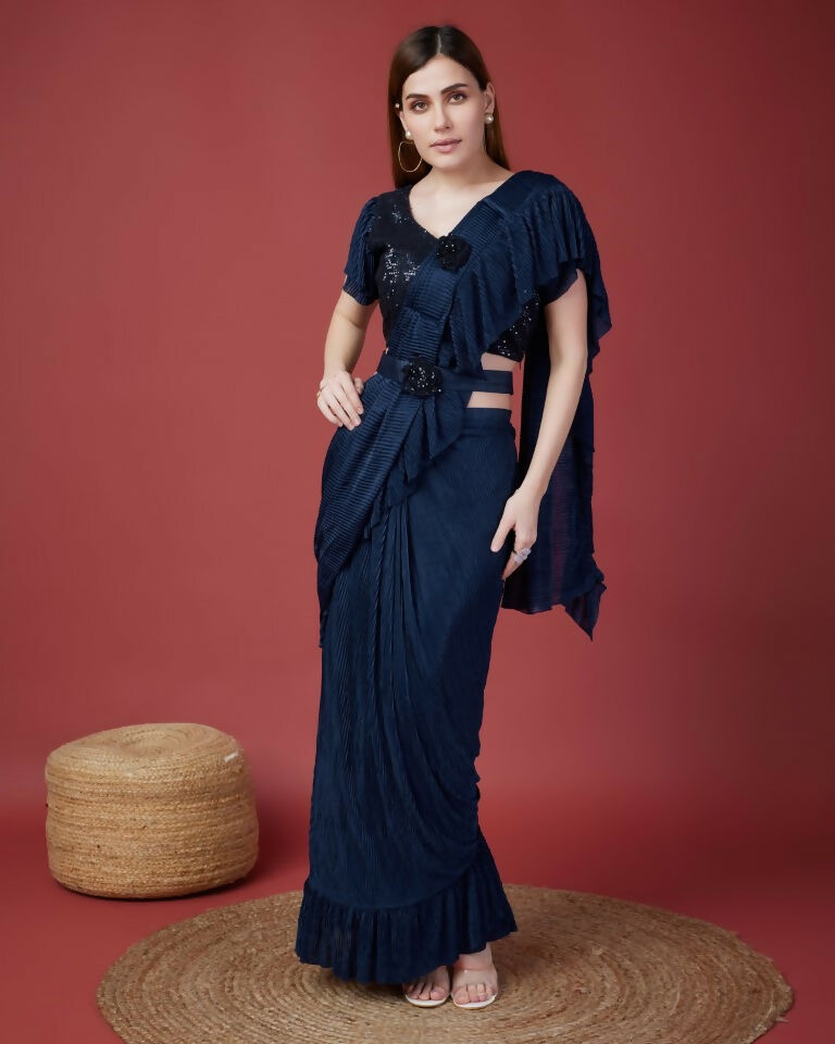 Blue Imported Crush Solid Ready to Wear Saree with stitched Blouse - Aayan
