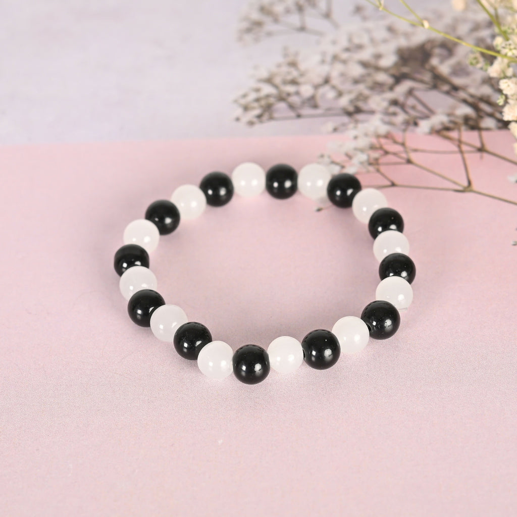 NVR Men & Women White Marble Crystal Beaded Elasticated Bracelet