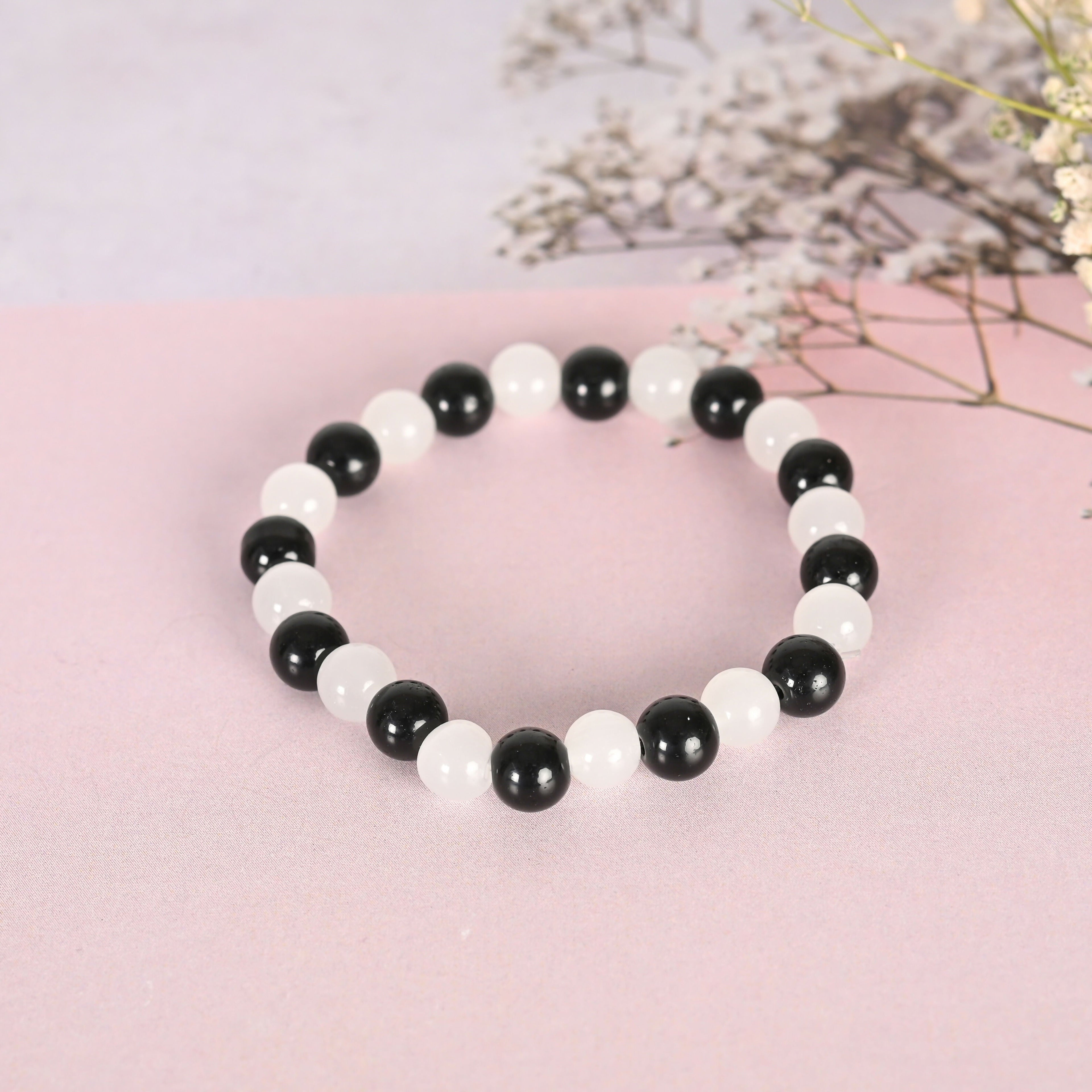 NVR Men & Women White Marble Crystal Beaded Elasticated Bracelet