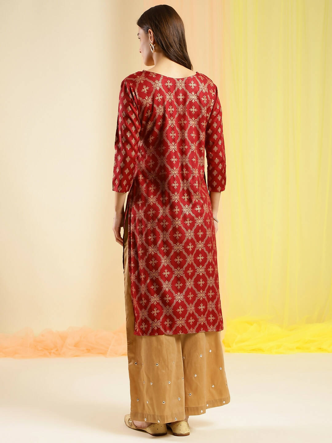 Maroon & Gold-Toned Viscose Rayon Ethnic Motifs Printed Kurta - Mamta
