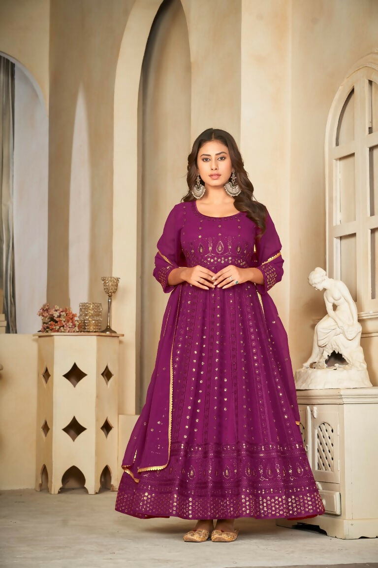 Jyoti Fashion Women's Wine Georgette Embroidered Anarkali Kurta Pant Set With Dupatta