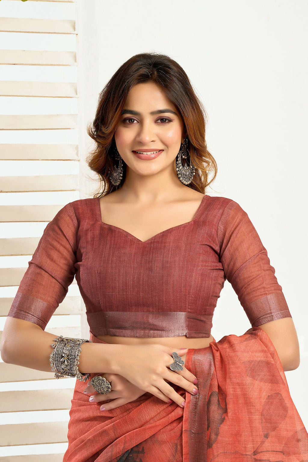 Vastranavya Brown Digital Printed Linen Ready To Wear Designer Saree with Unstitched Blouse