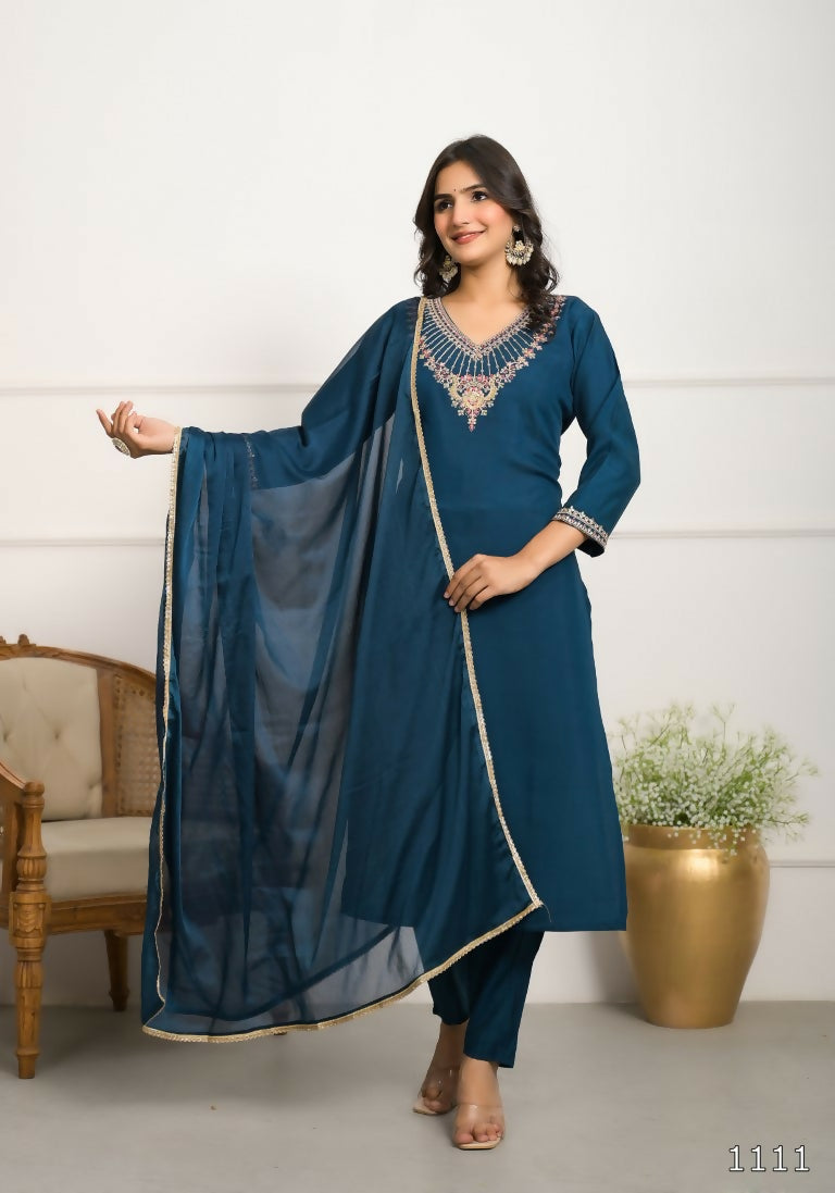 Festive Wear Ethnic Rama Viscose Chanderi Stitched Suit With Dupatta - Tanisha