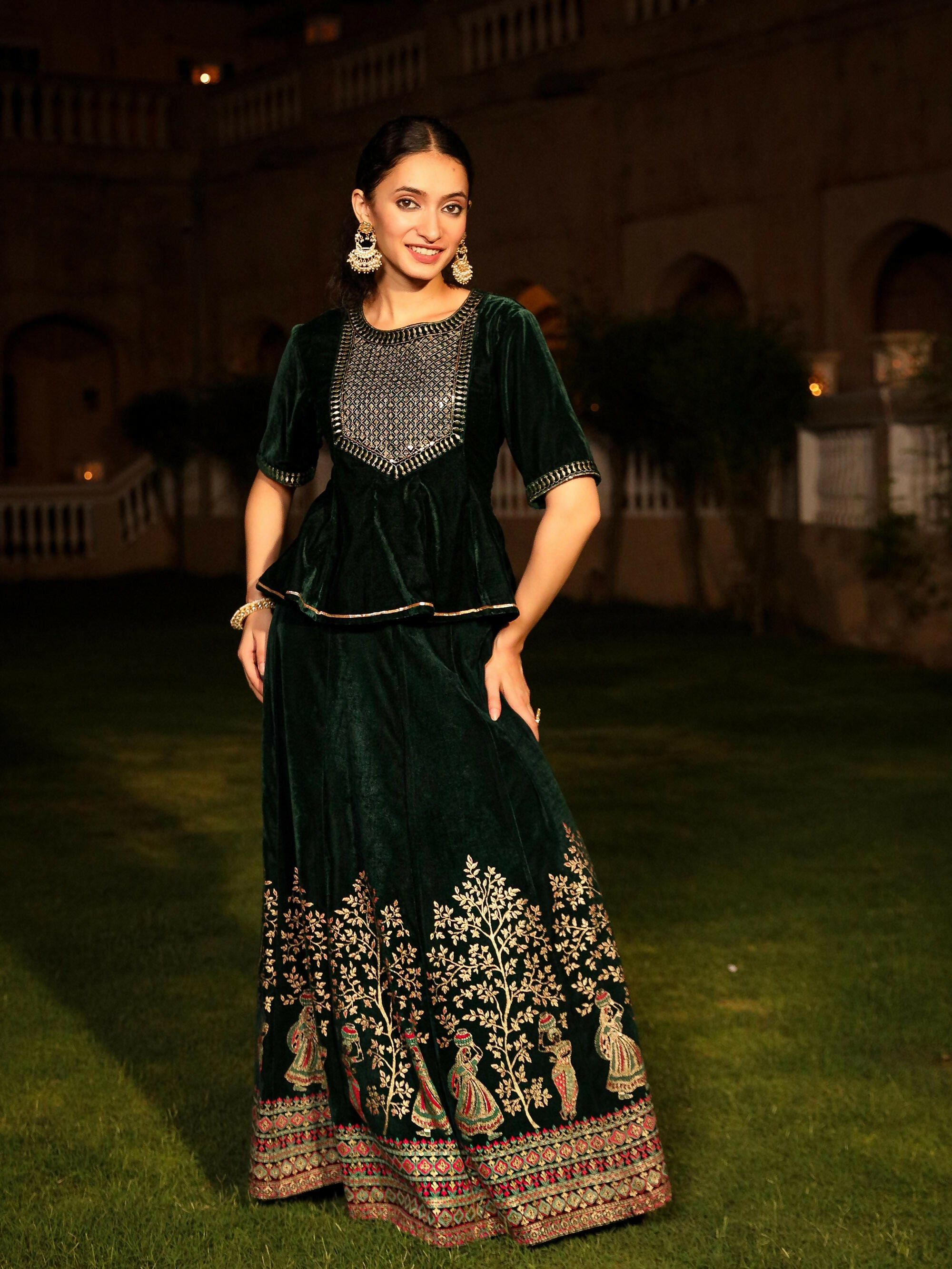 Juniper Women's The Sunehri Green Zari Embroidered Velvet Top & Skirt Set With Sequins & Lace