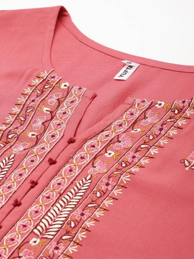 Yufta Women Pink Ethnic Motifs Embroidered Kurta with Palazzo & Dupatta