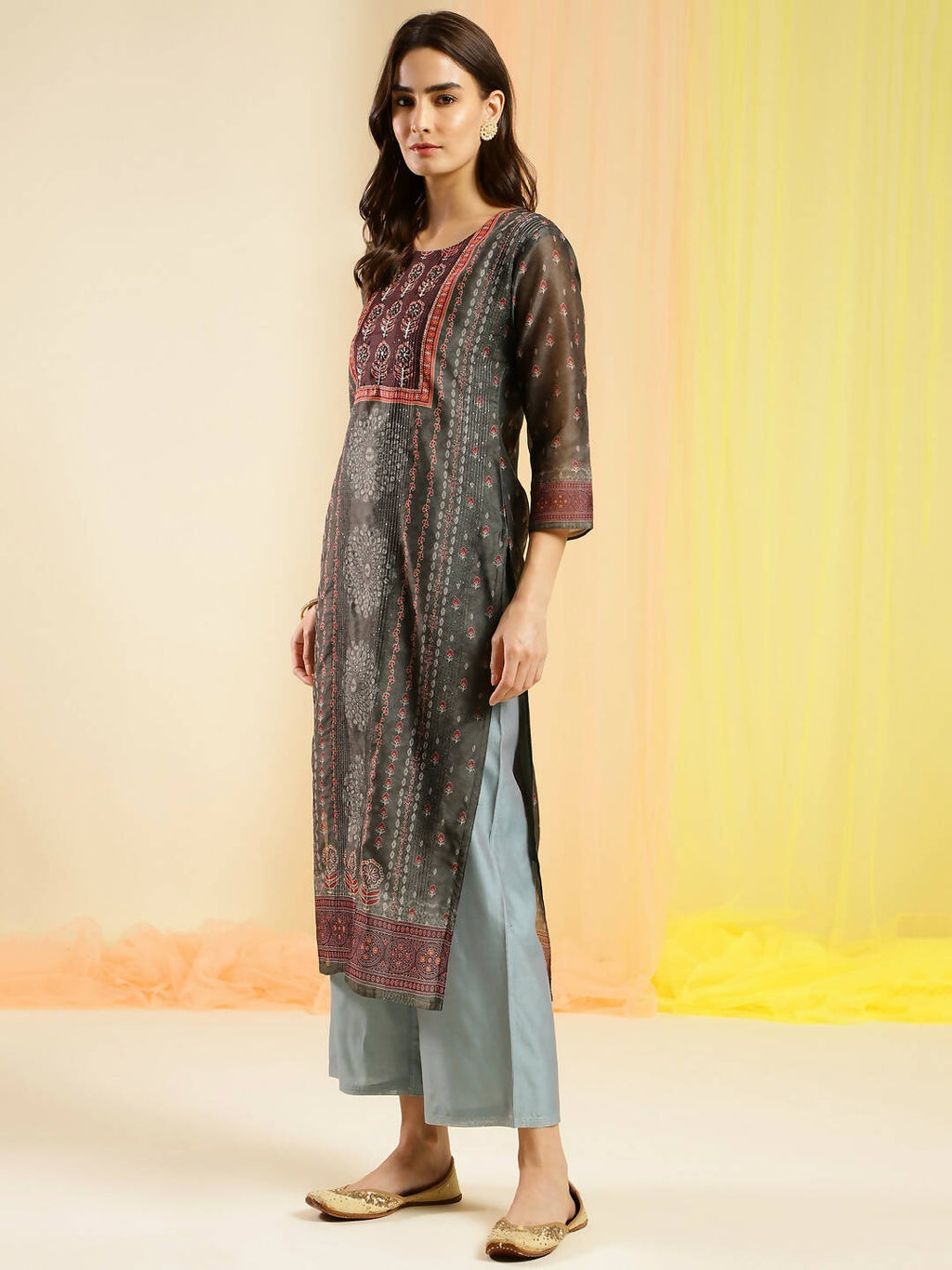 Dark Green Chinon Digital Printed With Hand Work Kurta - Himanshi
