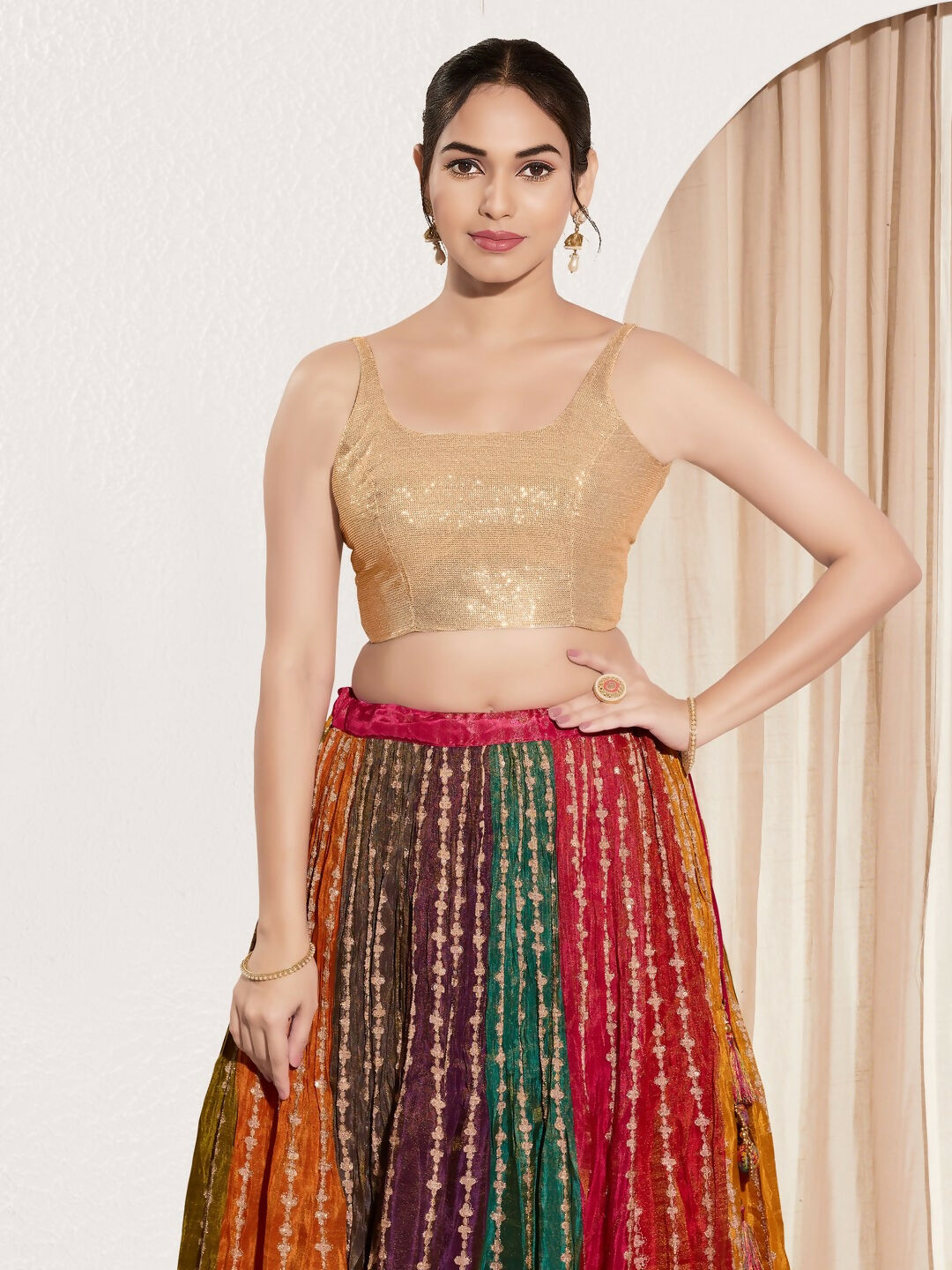 Joban Fashion Rose Gold Sequin Padded Blouse With Square Neck Sleeveless