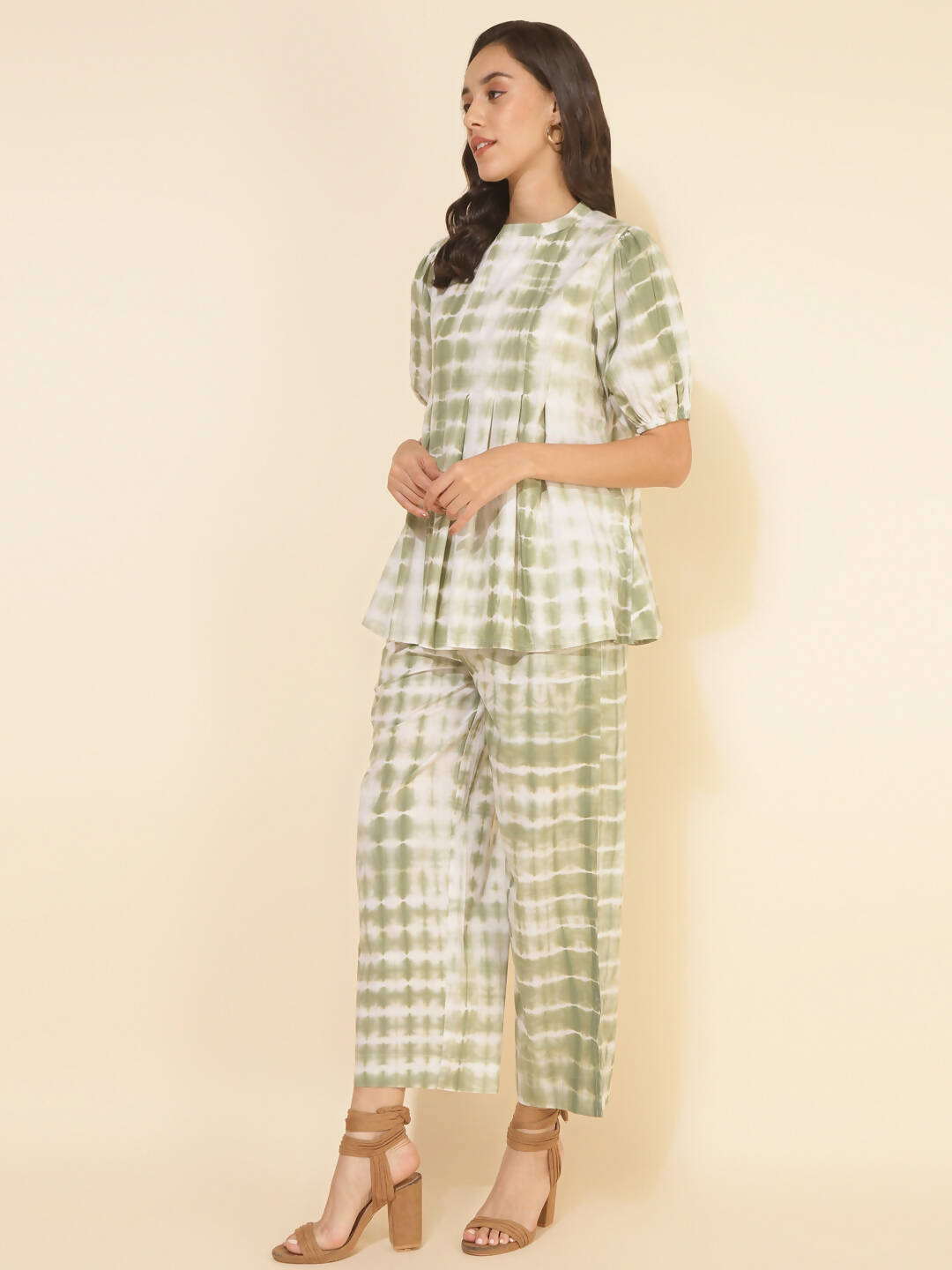 Janasya Women's Off White Cotton Tie & Dye Casual A-line Co-ords