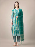 Jyoti Fashion Women's Teal Rayon Print with Embroidery & Fancy Lace Work Kurta with Trouser & Dupatta