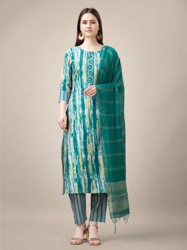 Jyoti Fashion Women's Teal Rayon Print with Embroidery & Fancy Lace Work Kurta with Trouser & Dupatta
