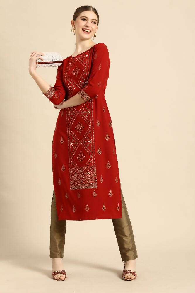 Janasya Women's Rust Crepe Ethnic Motifs Casual Straight Kurta