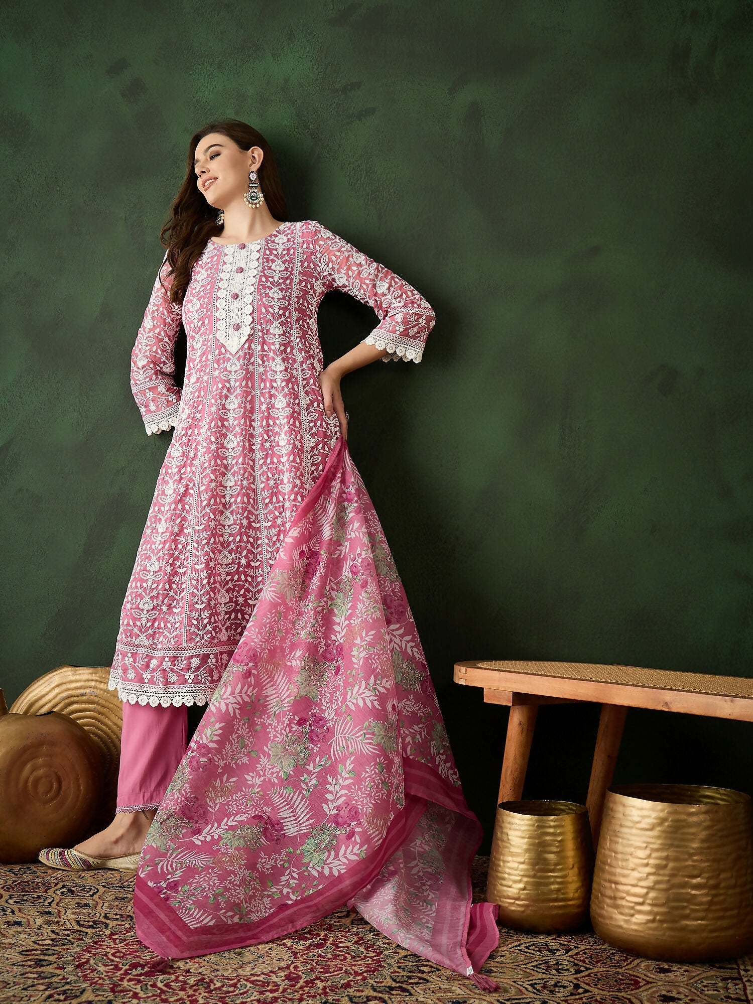 Pink Crystal Organza schiffli embroidery Kurta With Trouser & Dupatta - Bhumi