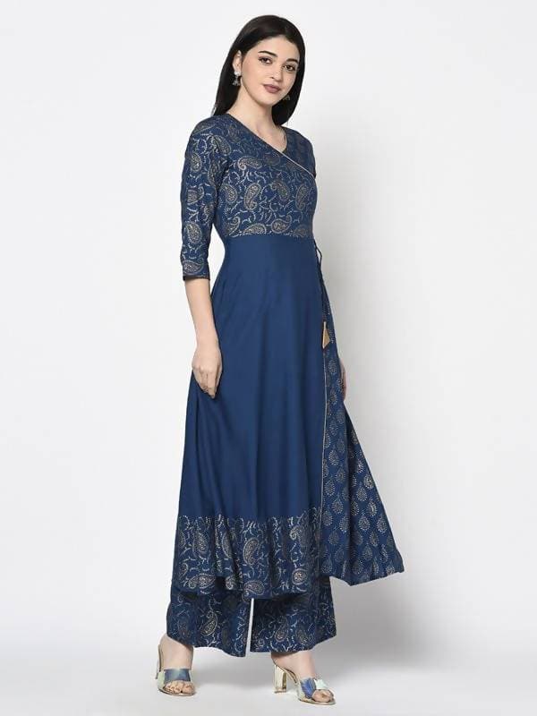 Aniyah Rayon Blue Color Foil Print Angrakha Anarkali Palazzo Set (AN-207K)