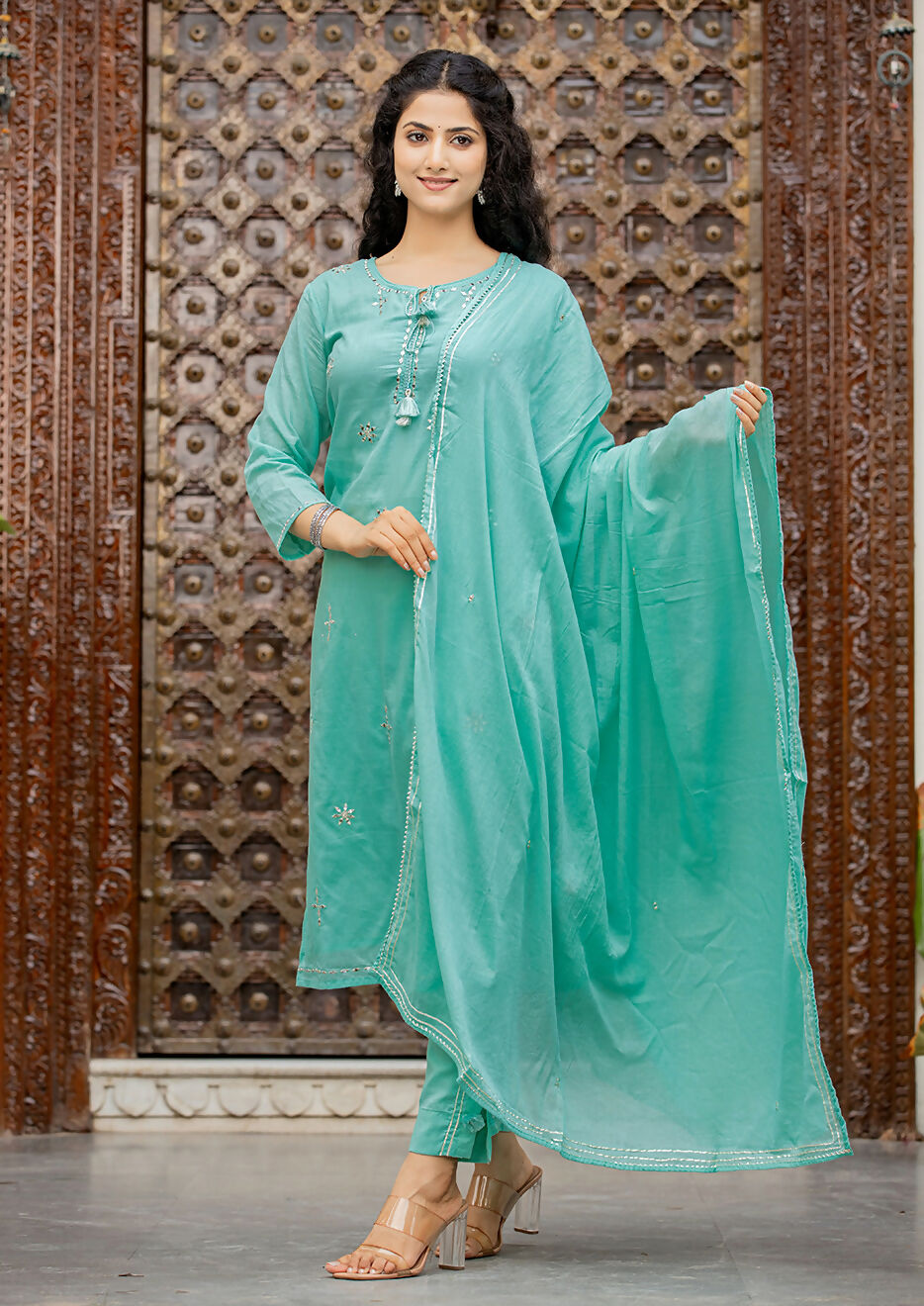 Kaajh Women's Sky Blue Mirror Embellished Cotton Suit Set