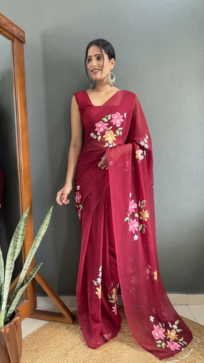 Aayaa Designer 1 min Hand Painted Ready to Wear saree - Maroon