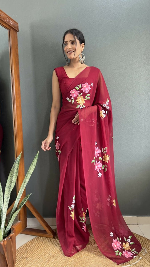 Aayaa Designer 1 min Hand Painted Ready to Wear saree - Maroon