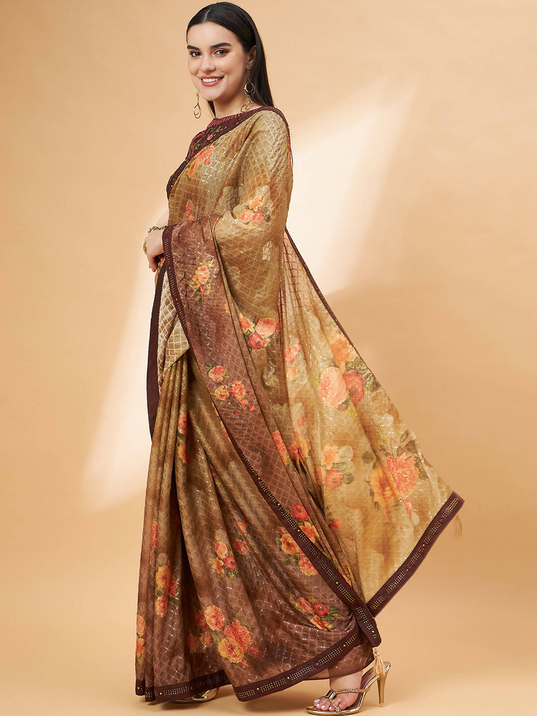 Beige Georgette Resham And Sequins Embroidery, Mukaish Studded Work Saree - Norita Hit Design