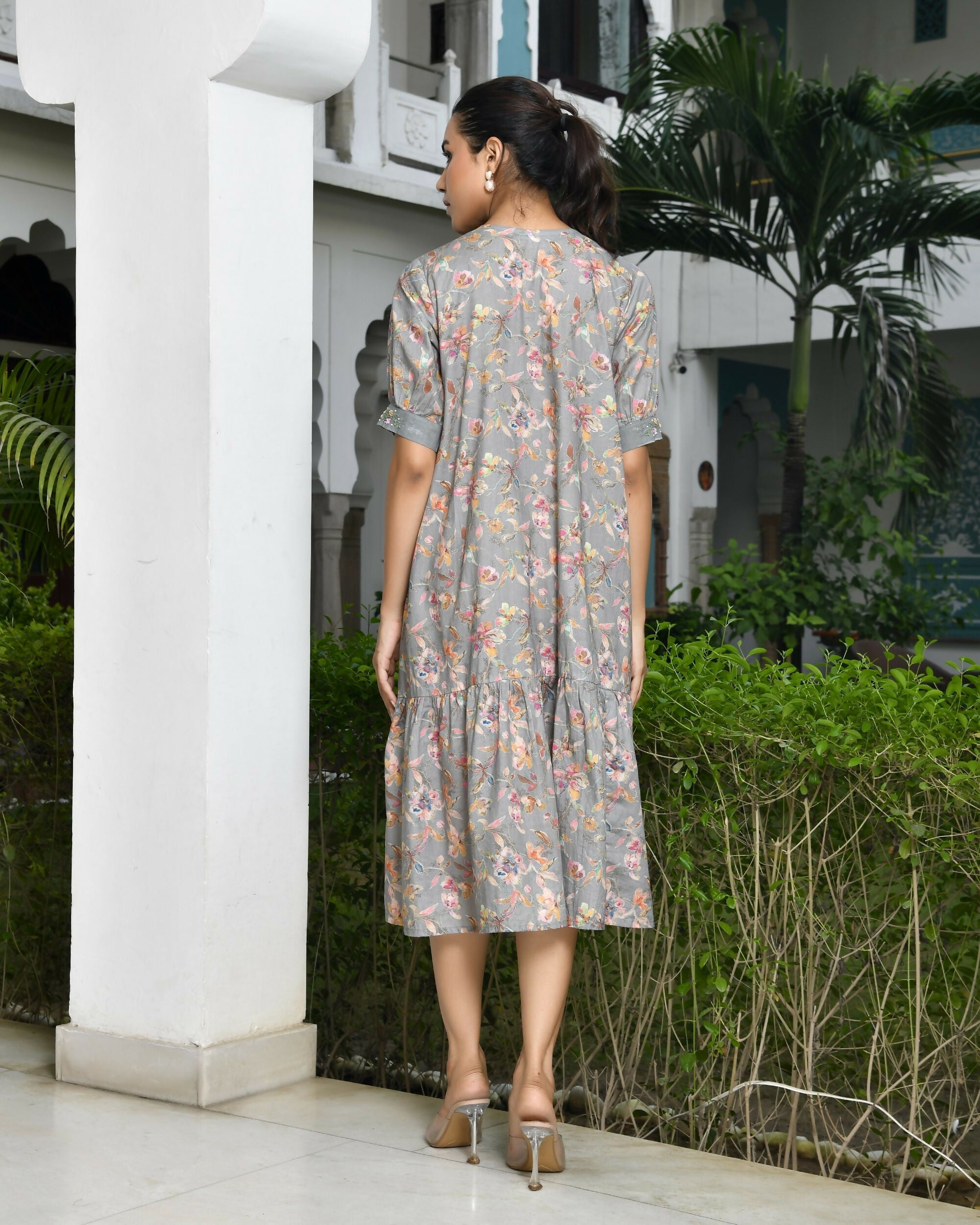 Vaasva Women's Grey Cotton Digital Printed Embroidered Placket Dress