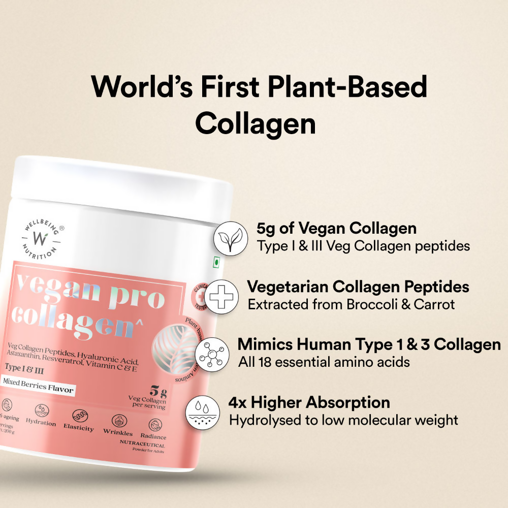 Wellbeing Nutrition Vegan Pro Collagen Hyaluronic Acid Skin & Hair Mixed Berries Flavour