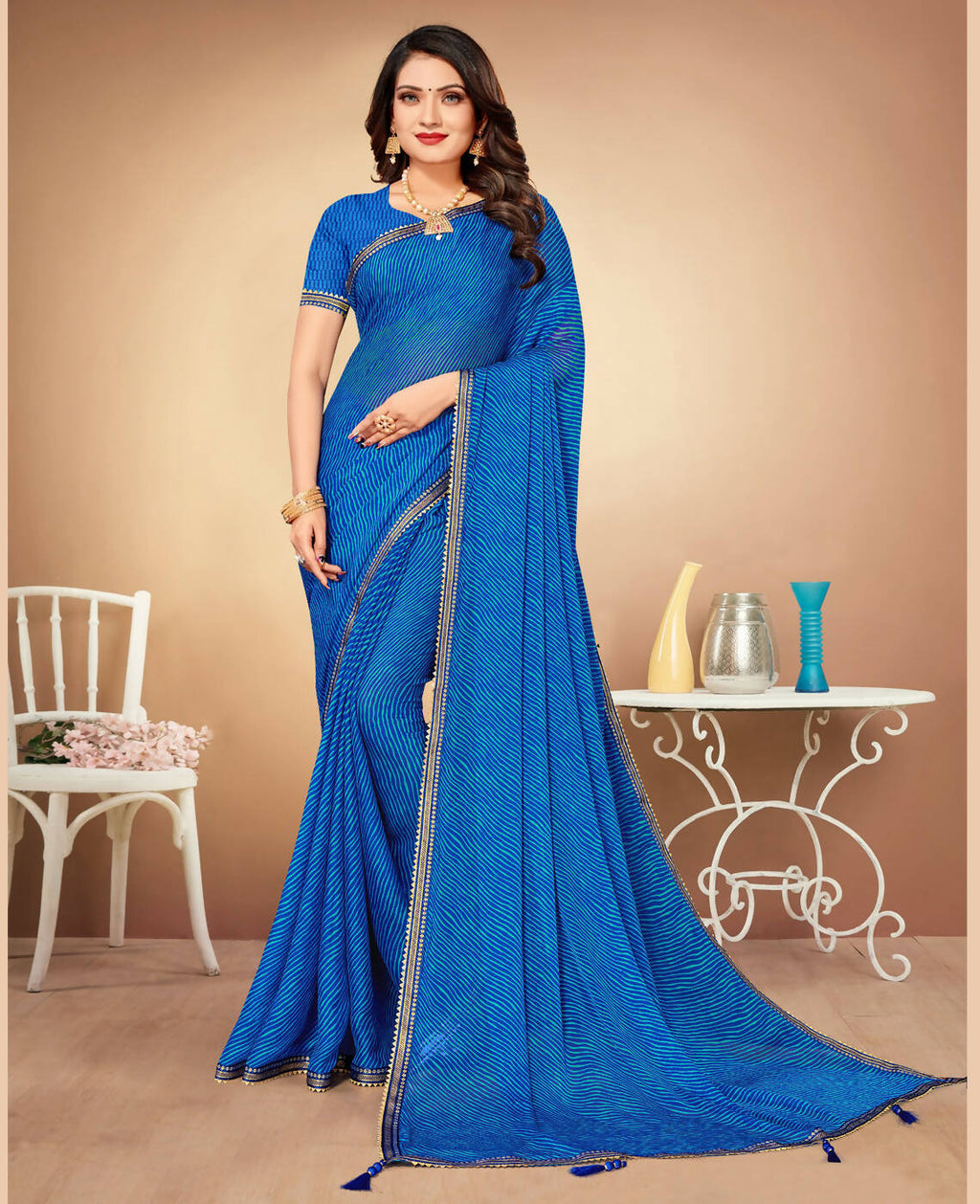 Blue Chiffon Leheriya Printed Saree With Unstitched Blouse Piece - Swarna