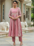 Aramya Anarkali Soft Cotton Block Print Women's Kurta Set - Pink