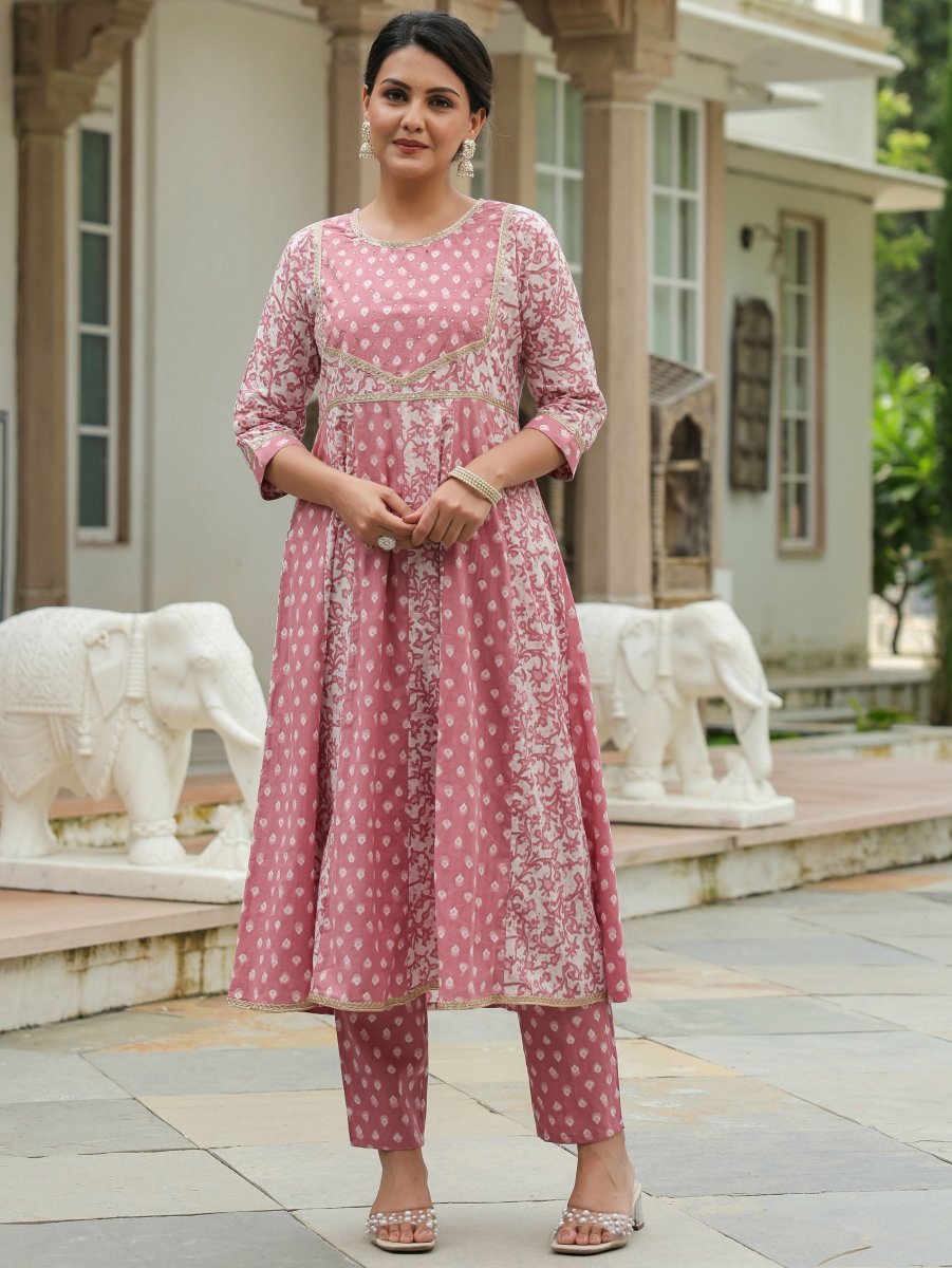 Aramya Anarkali Soft Cotton Block Print Women's Kurta Set - Pink