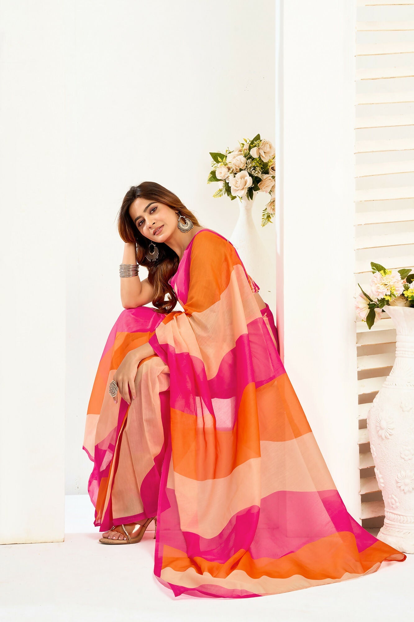 Vastranavya Multicolor Digital Printed Linen Ready To Wear Designer Saree with Unstitched Blouse