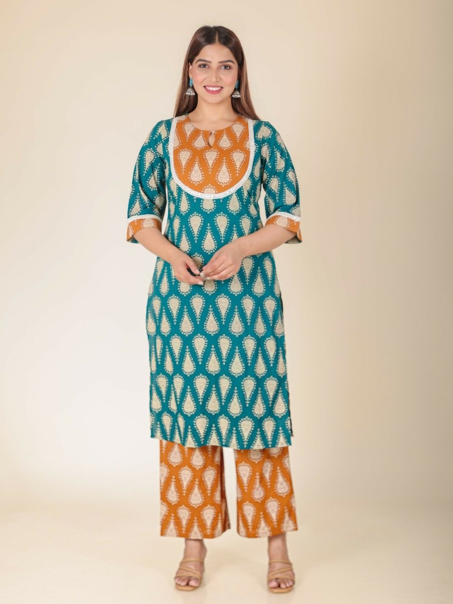 Aramya Turquoise Soft Cotton Floral Straight Kurta for Women