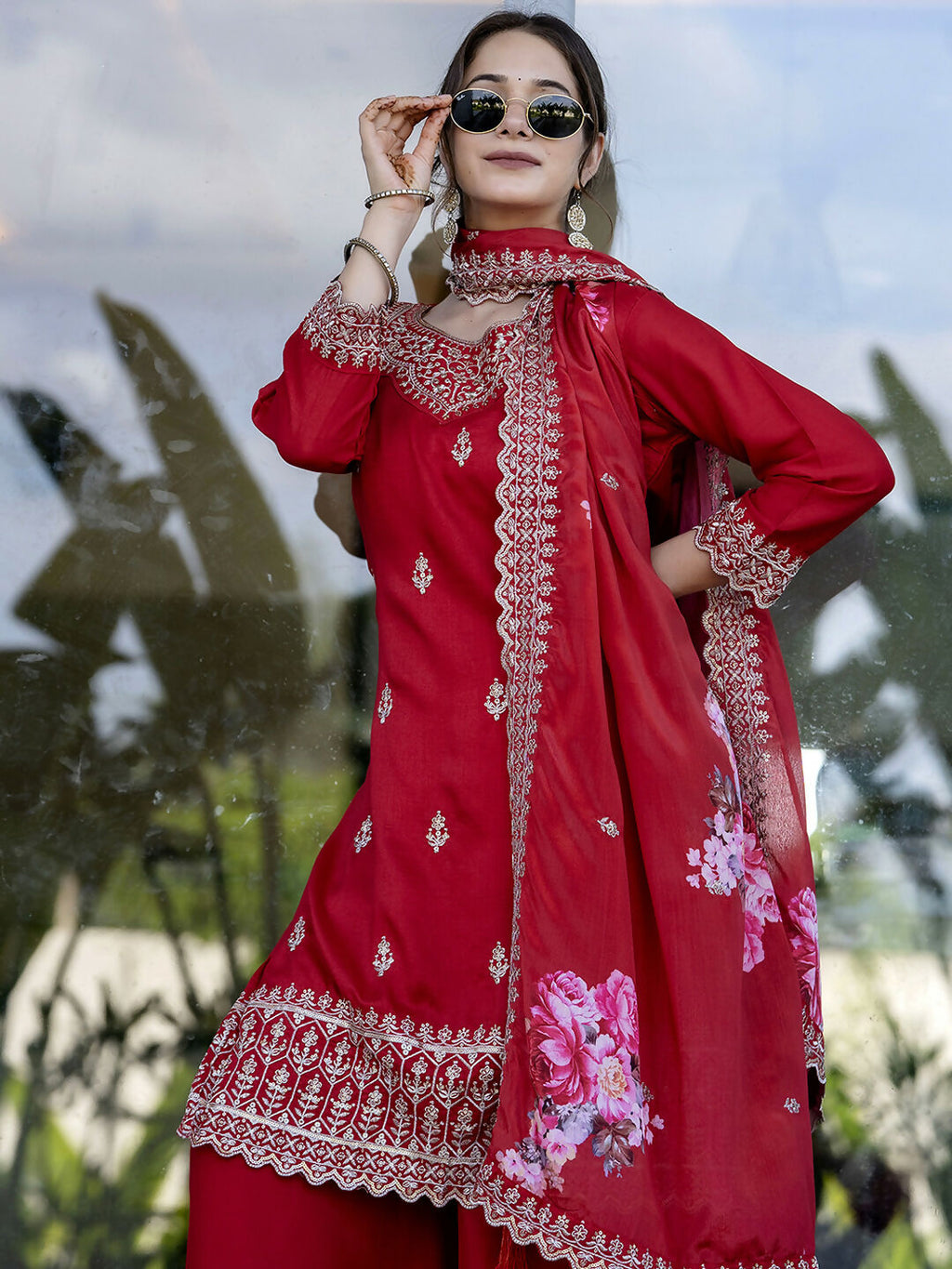 The52 Red Women's Gorgeous Embroidered Vichitra Silk Fabric Straight Kurta, Sharara and Dupatta Set