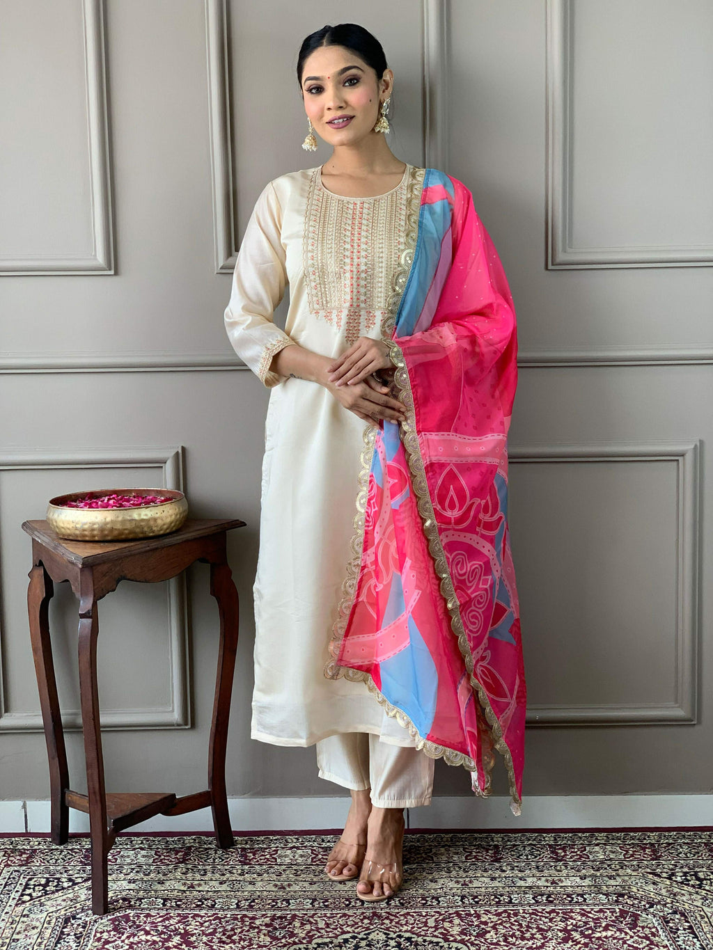 Partywear Designer Viscose Chanderi Off White & Pink Stitched Suit With Dupatta - Anbazaar