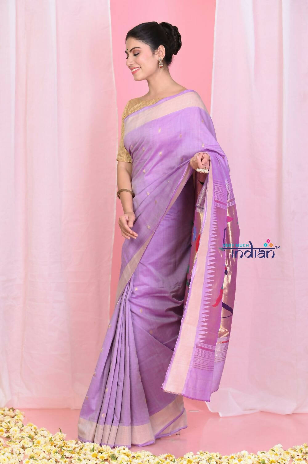 Very Much Indian Handloom Pure Cotton Paithani With Handwoven Pallu -Lilac