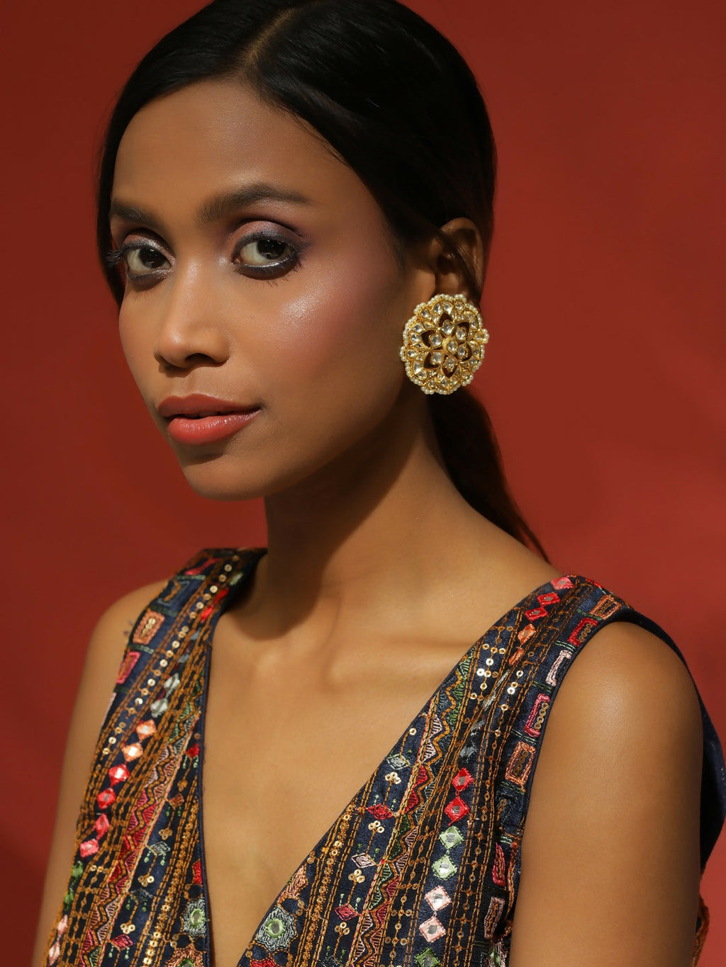 Oversized Round Kundan Studs- Ruby Raang
