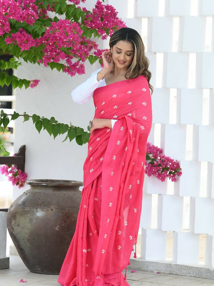 Beatitude Pink Khadi Floral Embroidered Saree
