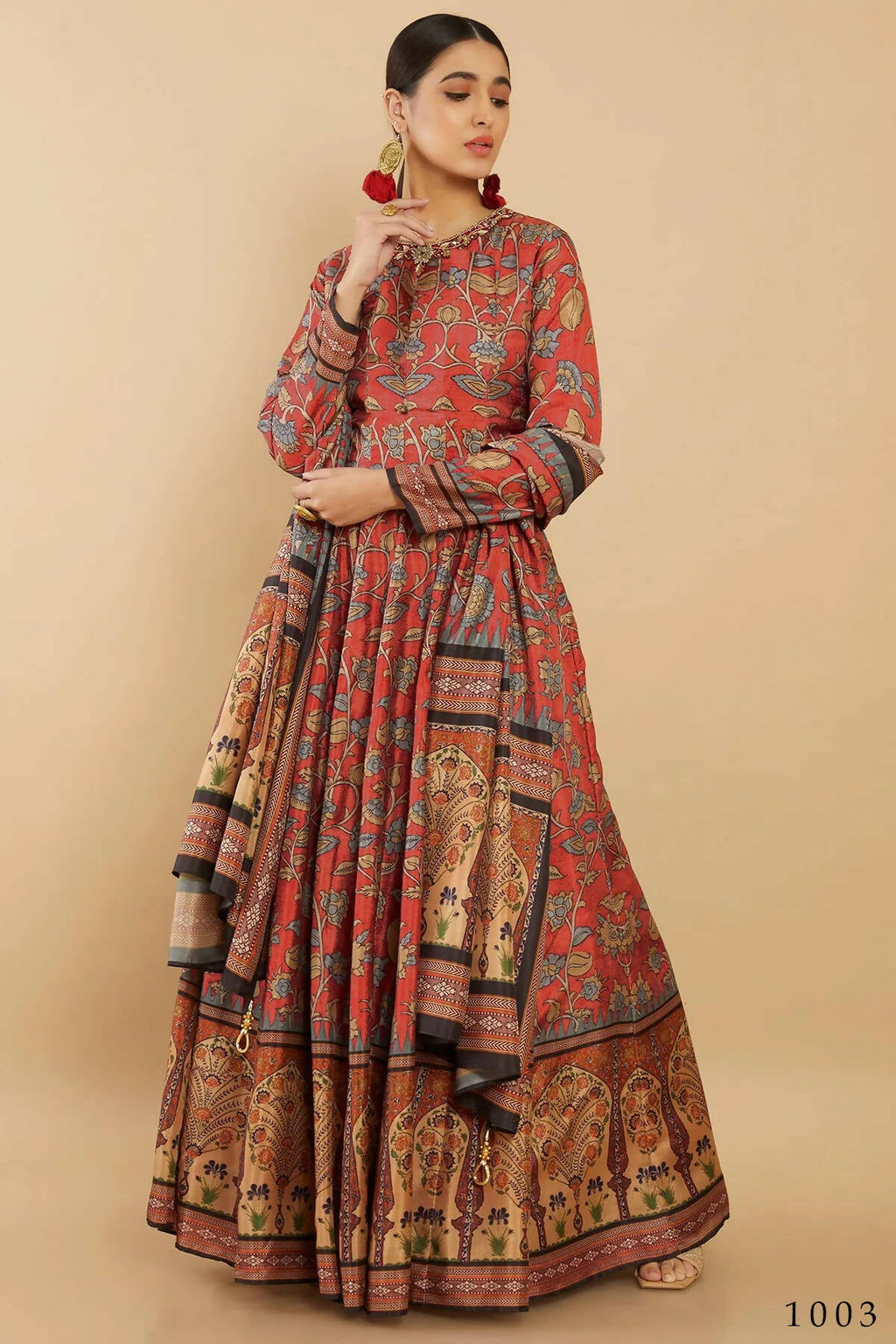 Women's Partywear Designer Red Soft Dola Silk Anarkali suit with Dupatta - Kalishta