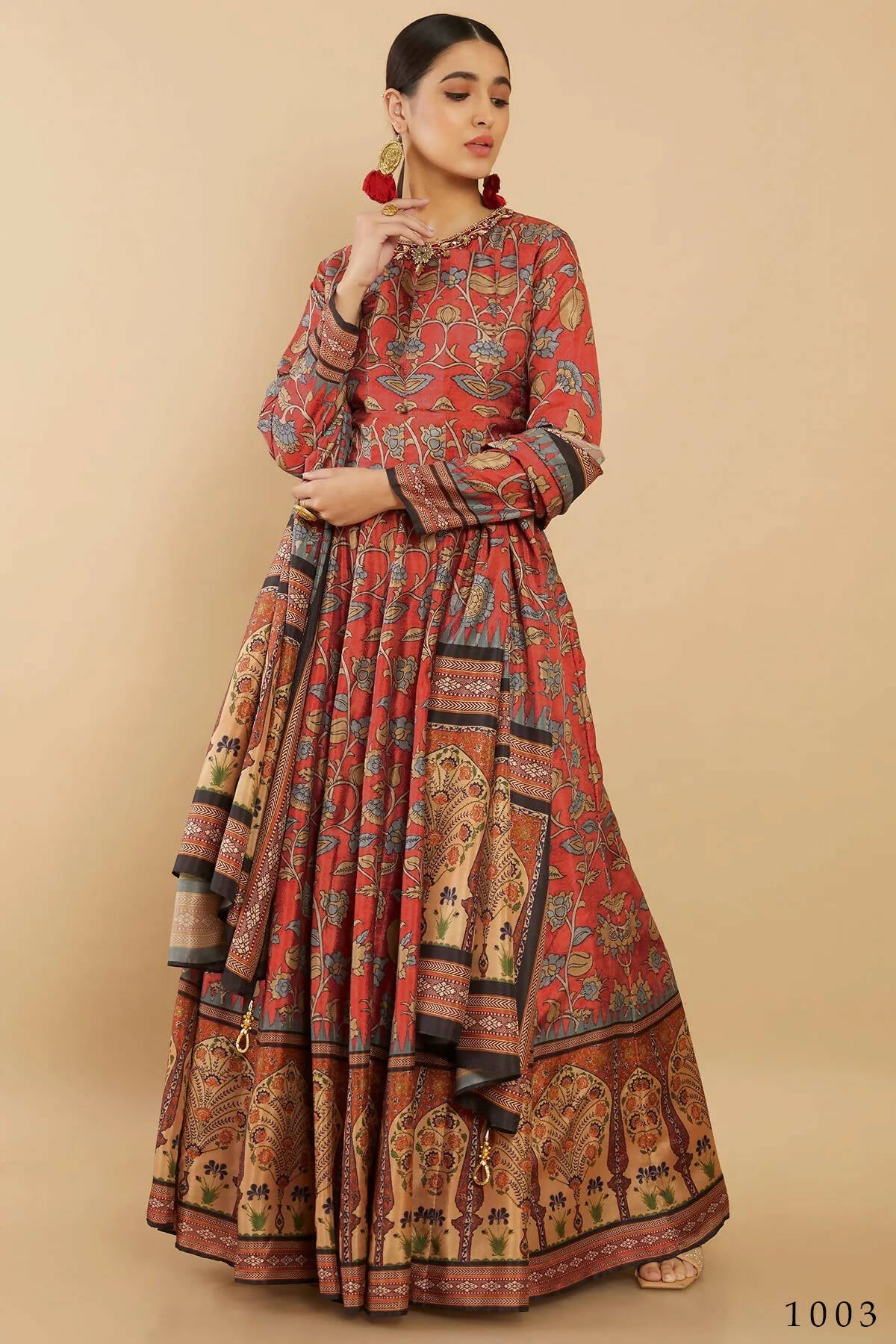 Women's Partywear Designer Red Soft Dola Silk Anarkali suit with Dupatta - Kalishta