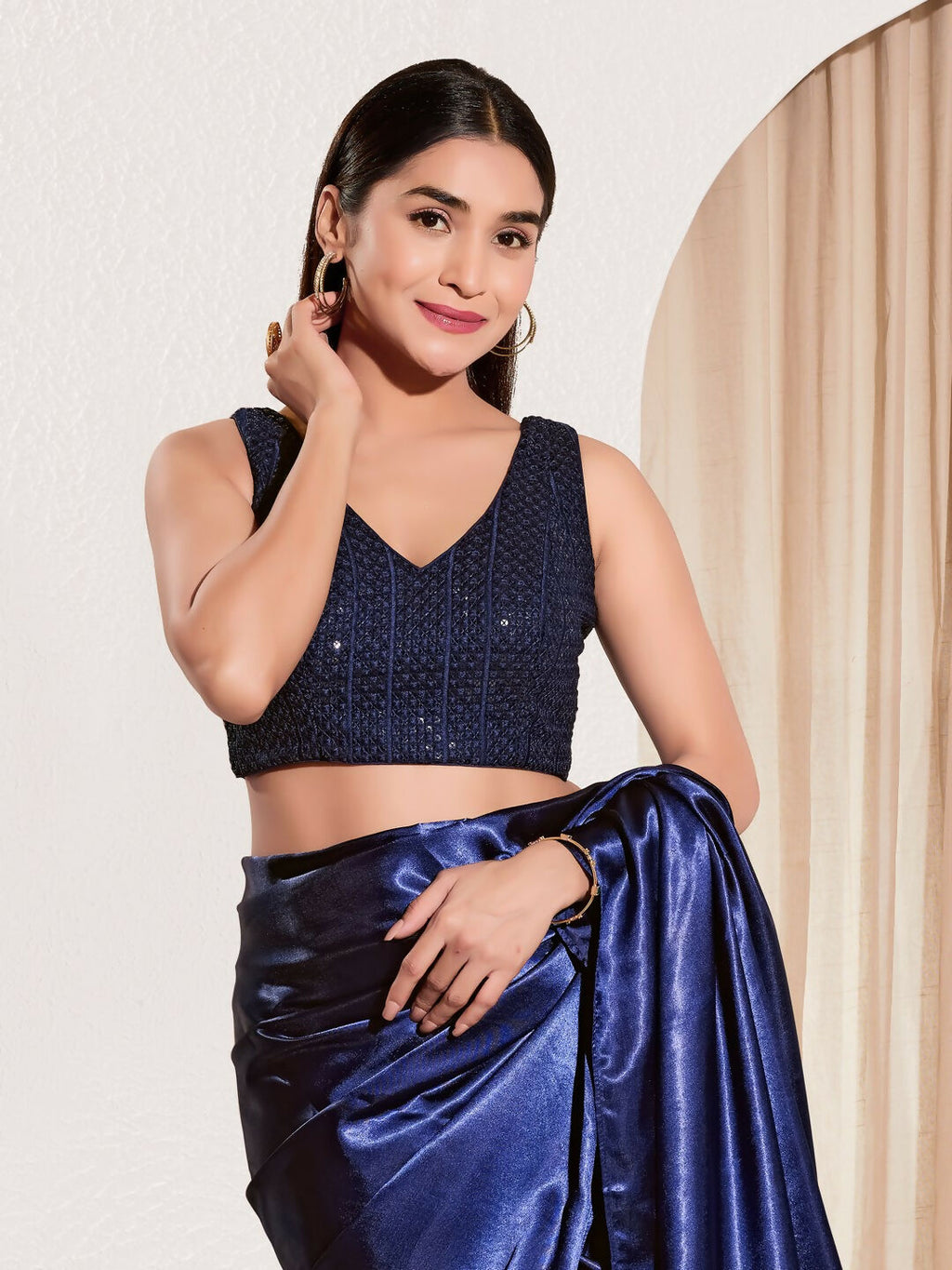 Joban Fashion Navy Blue Sequin Padded Blouse With V Neck Sleeveless
