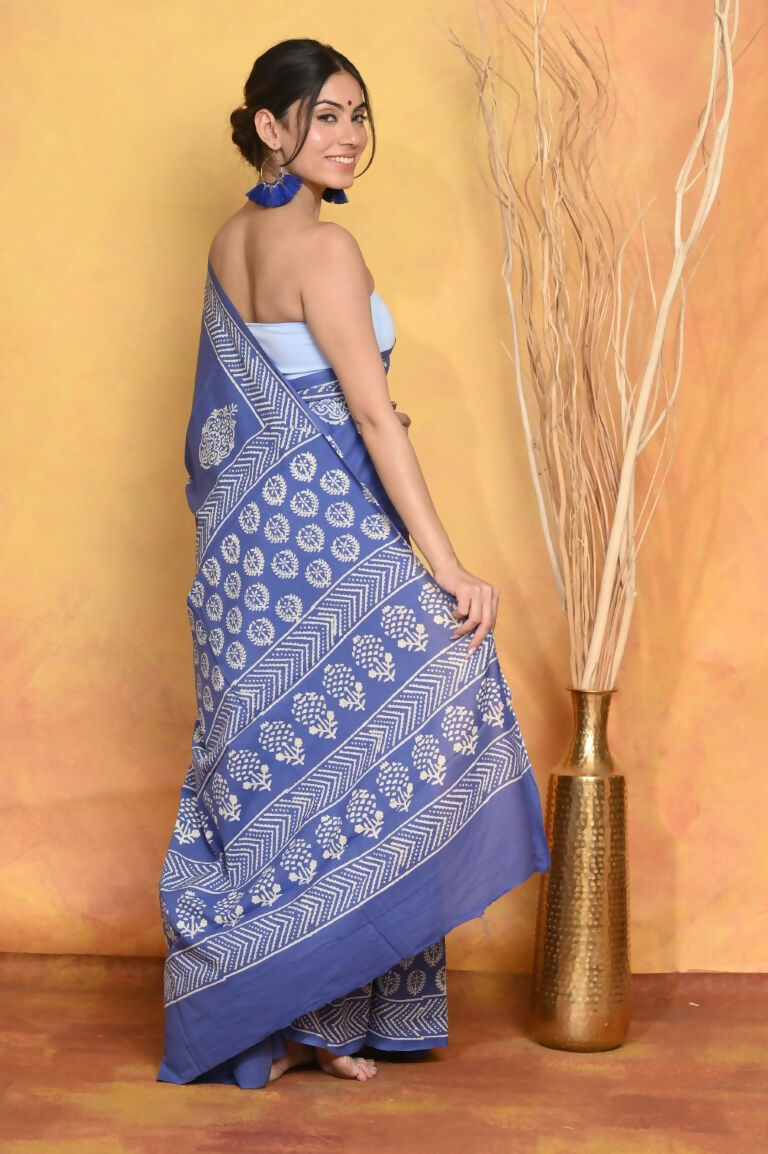 Very Much Indian Pure Cotton Handblock Printed Saree - Blue