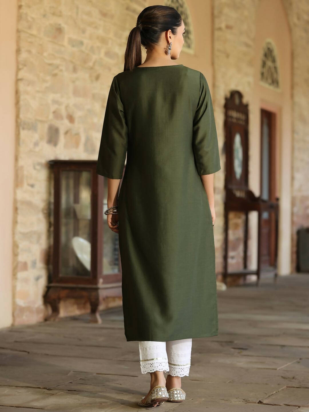 Juniper Women's Green Chinnon Printed Kurta