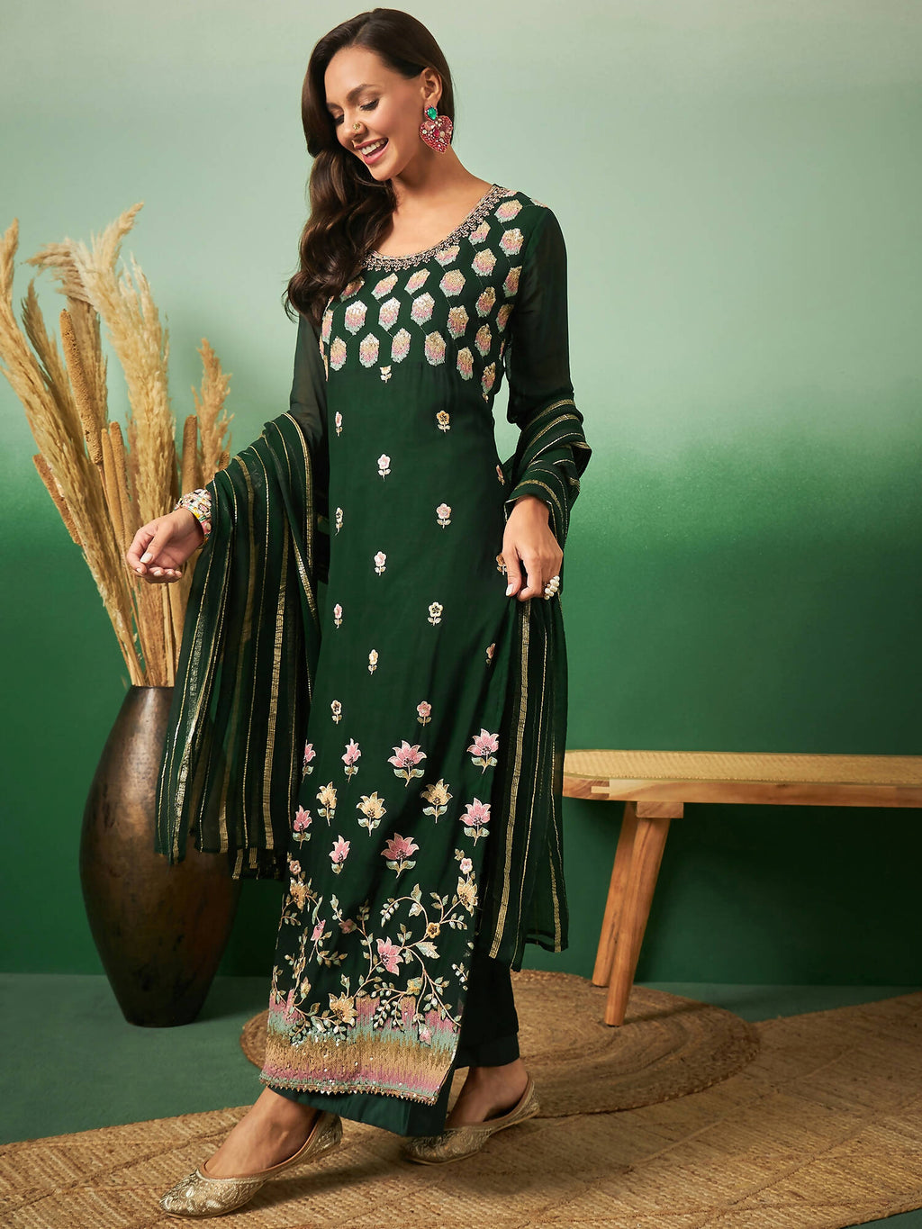 Green Georgette Handwork Unstitched Dress Material - Hanika
