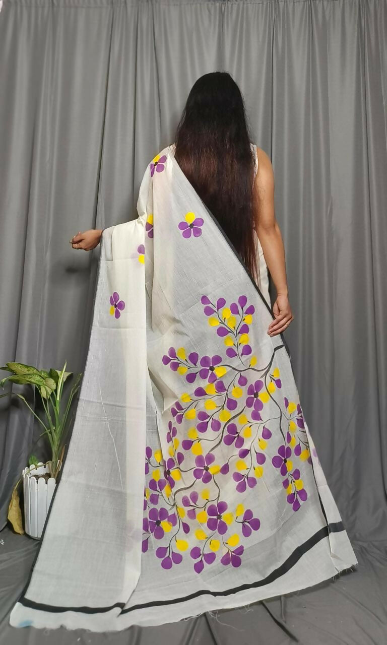 Exclusive Collection Beautiful White Purple Pure Cotton Hand Print Handloom Saree With Running Blouse Piece